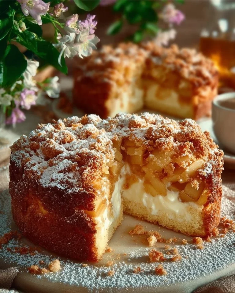 Delicious Apple Tart topped with creamy soufflé cream, a perfect dessert.