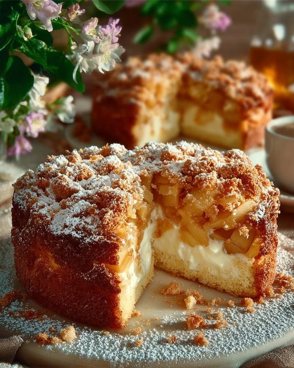 Delicious Apple Tart topped with creamy soufflé cream, a perfect dessert.