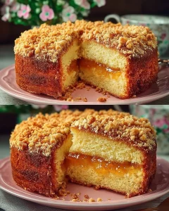 Delicious homemade apricot jam cake garnished with fresh apricots.