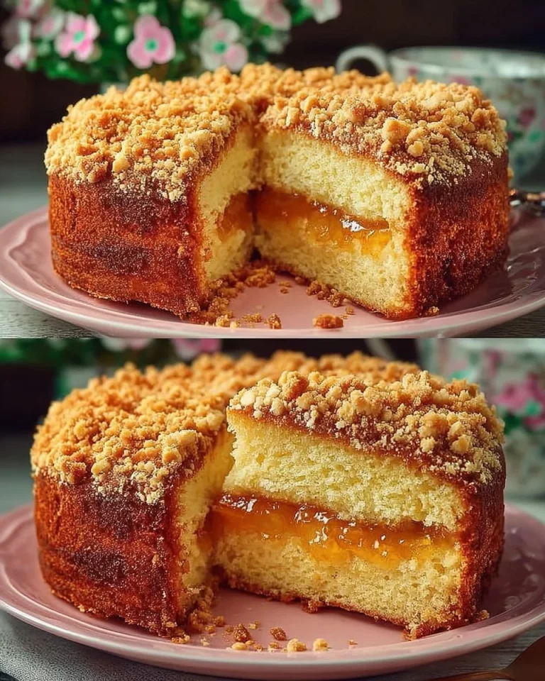 Delicious homemade apricot jam cake garnished with fresh apricots.