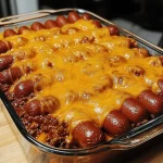 Delicious Chili Cheese Dog Casserole served in a baking dish.