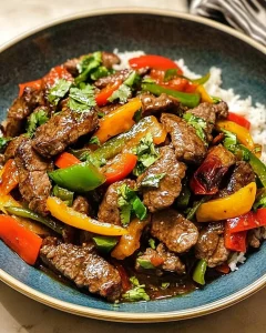 Delicious Chinese Pepper Steak with tender beef and colorful bell peppers