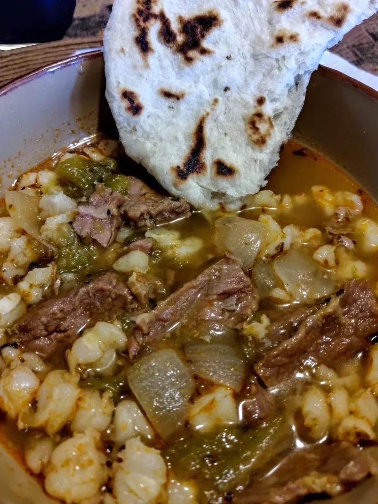 Delicious Christmas Style Steak Posole served in a festive bowl