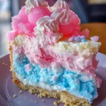 Delicious Cotton Candy Cheesecake topped with colorful cotton candy swirls.