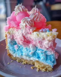 Delicious Cotton Candy Cheesecake topped with colorful cotton candy swirls.