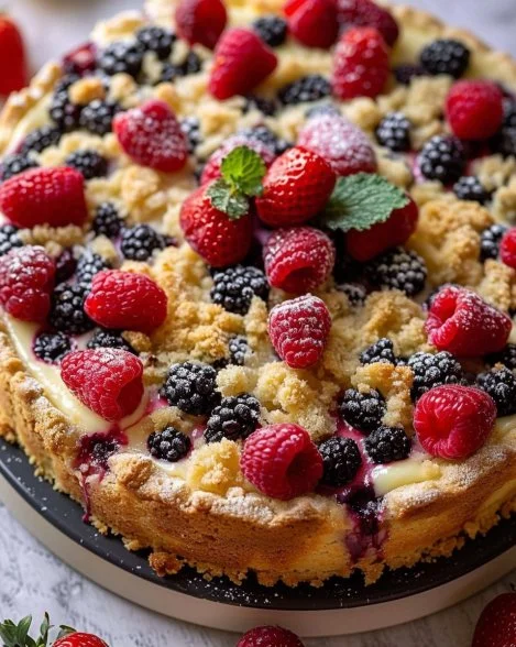 Delicious easy berry cake with crumb topping served on a plate