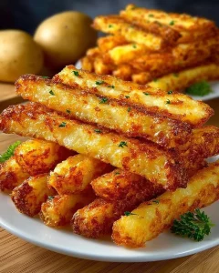 Plate of crispy fried smoked cheese potatoes served hot and golden brown