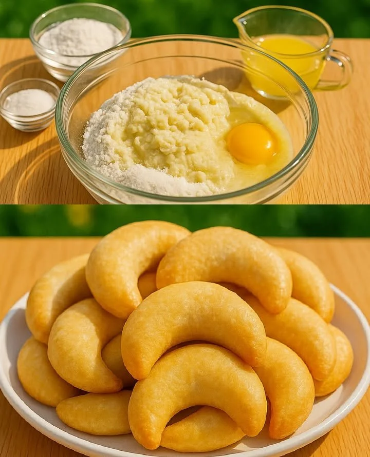 Delicious homemade crescent donuts on a plate, fresh and fluffy.