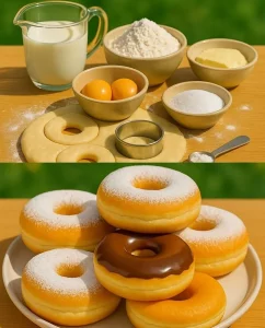 Homemade donuts topped with colorful icing and sprinkles on a wooden table