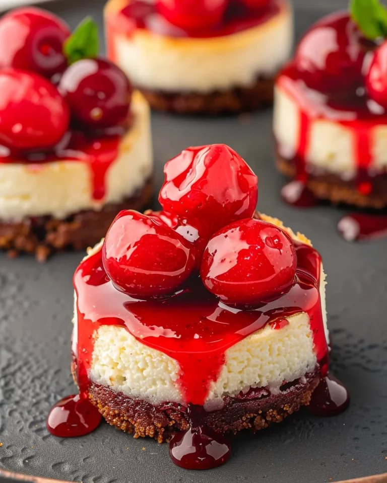 Delicious mini cherry cheesecakes topped with fresh cherries