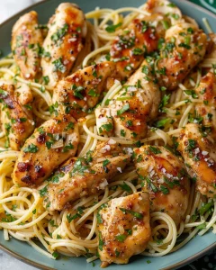 Plate of Pasta with Chicken in Lemon Wine Sauce garnished with herbs