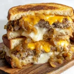 Delicious patty melt with minute steak and caramelized onions on toasted bread