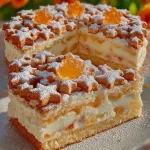 Slice of homemade Peach Cream Cake with fresh peaches on top