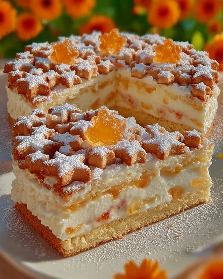 Slice of homemade Peach Cream Cake with fresh peaches on top