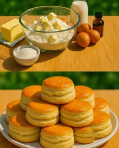 Freshly baked scones on a wooden table, ideal for tea and breakfast.