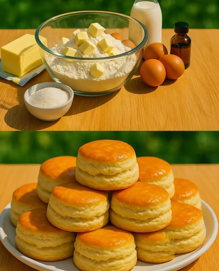 Freshly baked scones on a wooden table, ideal for tea and breakfast.