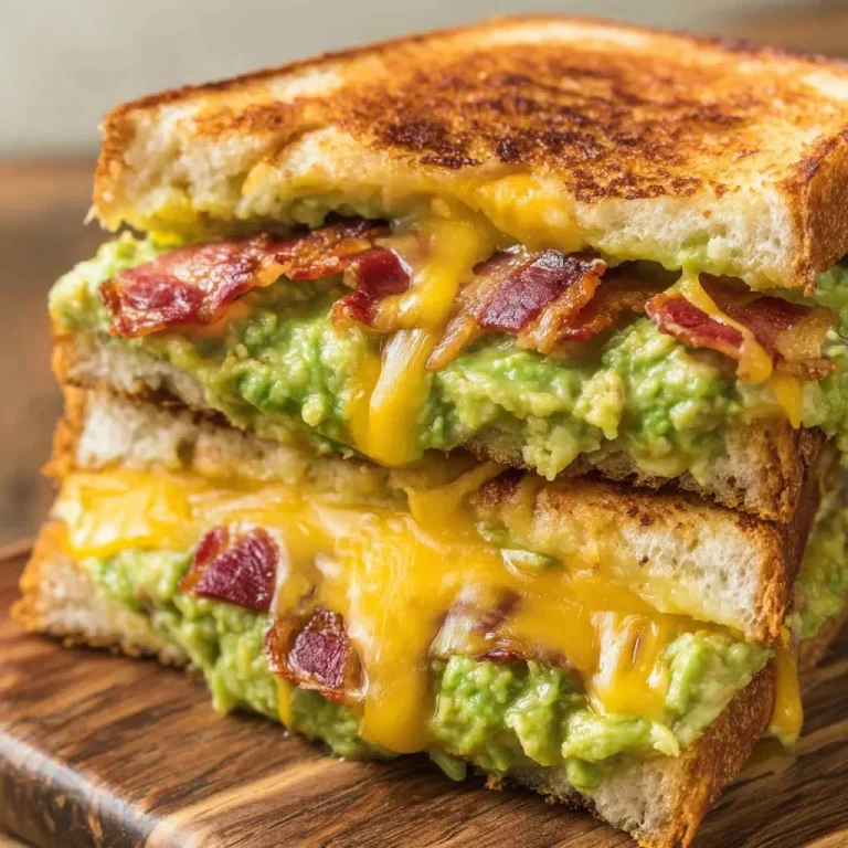 Sourdough grilled cheese sandwich with guacamole and bacon on a plate.
