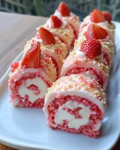 Strawberry Cheesecake Rolls on a white plate garnished with fresh strawberries.