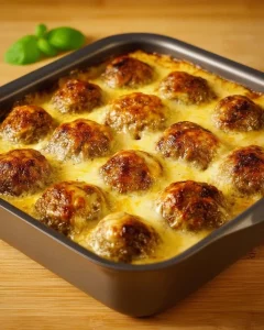 Baked meatballs with béchamel sauce served on a plate, garnished with herbs