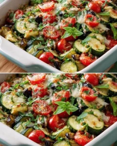 Delicious baked zucchini and eggplant dish served on a plate.