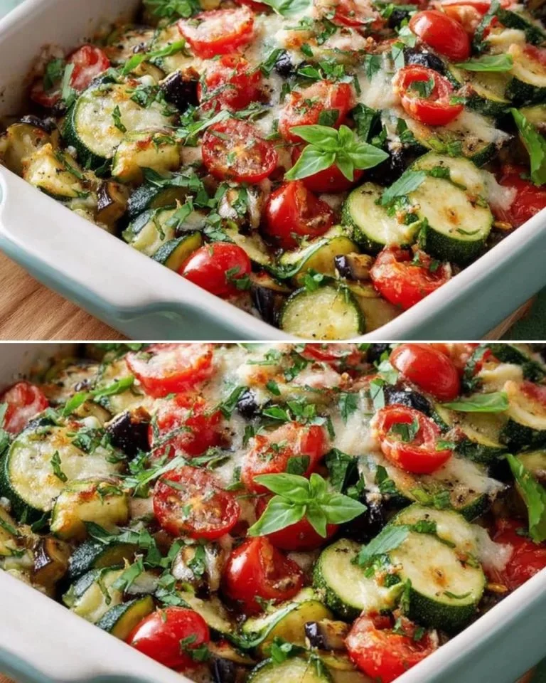 Delicious baked zucchini and eggplant dish served on a plate.