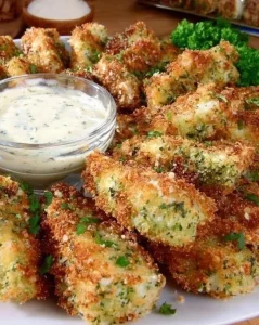 Crispy baked zucchini sticks served on a plate as a healthy snack option.