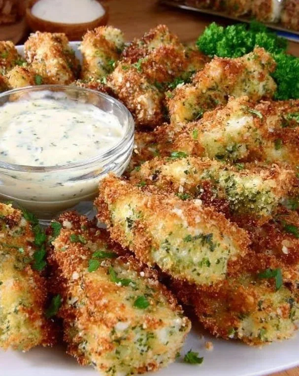 Crispy baked zucchini sticks served on a plate as a healthy snack option.