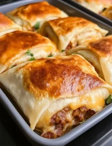 Cheeseburger French Fry Bake topped with melted cheese and crispy french fries