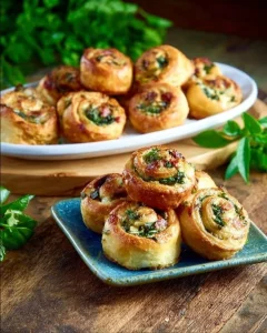 Cheesy spinach pinwheels served on a platter for a tasty appetizer.