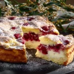 Slice of moist Cherry Yogurt Cake topped with fresh cherries and yogurt