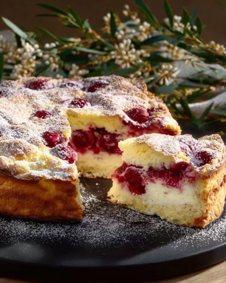 Slice of moist Cherry Yogurt Cake topped with fresh cherries and yogurt