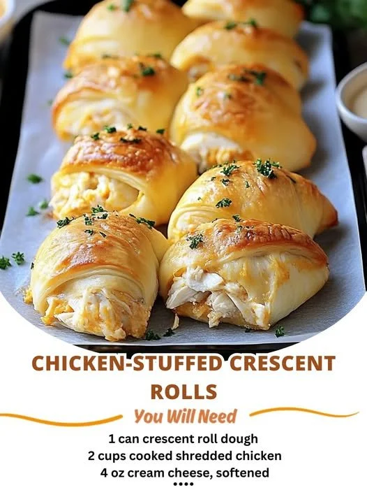 Chicken stuffed crescent rolls fresh out of the oven, golden and flaky.