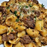 Creamy paprika steak shells served in a bowl with fresh herbs