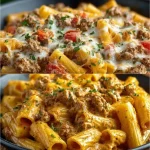 Creamy pasta with meat dish garnished with herbs