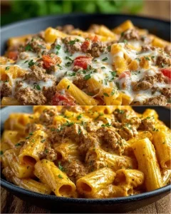 Creamy pasta with meat dish garnished with herbs