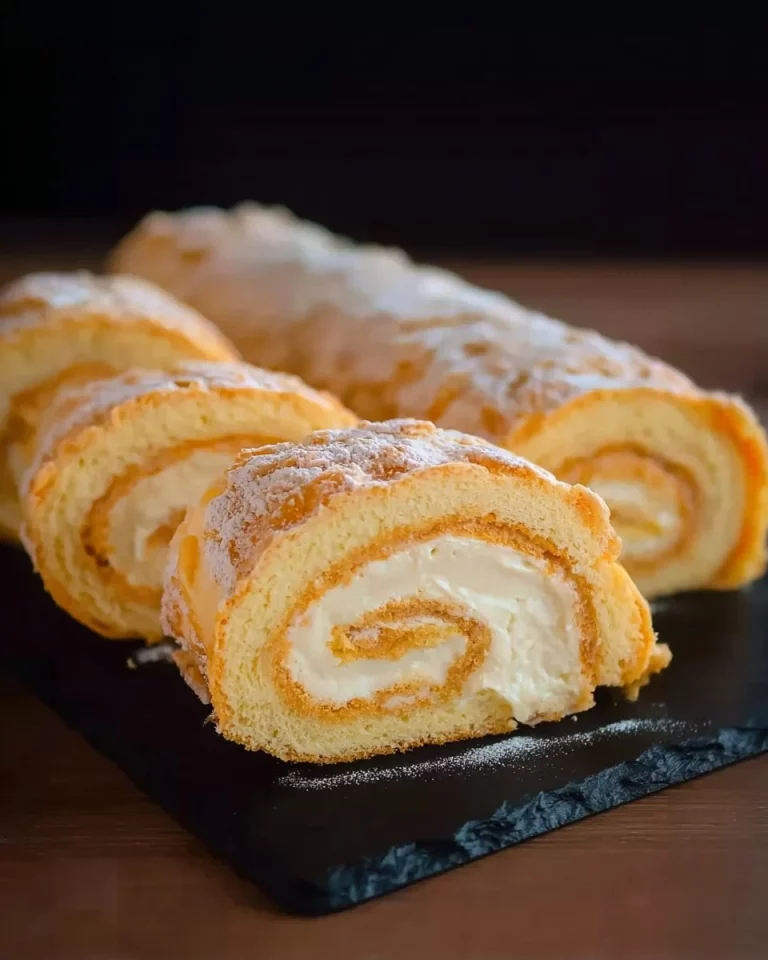 Delicious creamy roll cake with a rich filling and soft texture