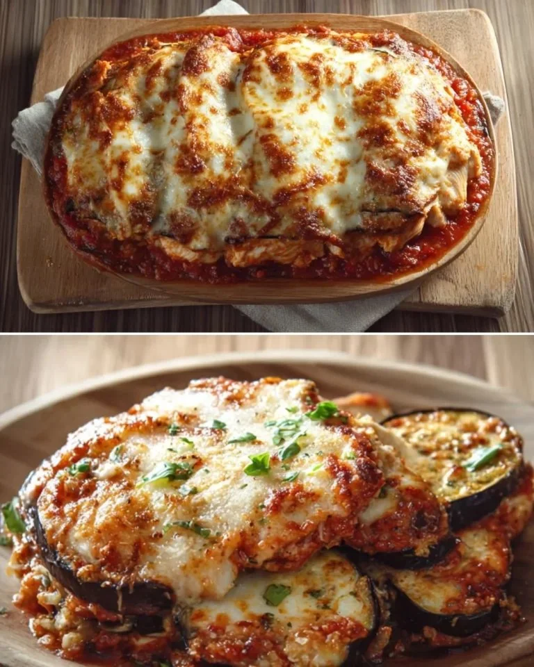 Delicious eggplant and chicken lasagna served in a baking dish