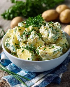 Herbed potato salad with fresh herbs and vegetables in a bowl