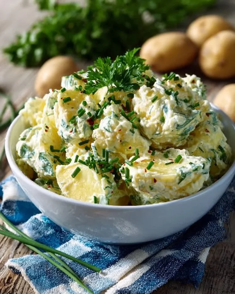 Herbed potato salad with fresh herbs and vegetables in a bowl