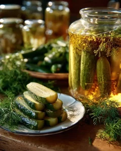 Homemade fermented pickles in a jar with spices and fresh cucumbers