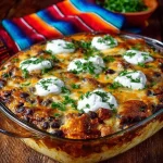 Layered Chicken and Black Bean Casserole topped with cheese and cilantro