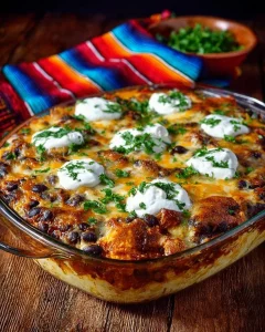 Layered Chicken and Black Bean Casserole topped with cheese and cilantro