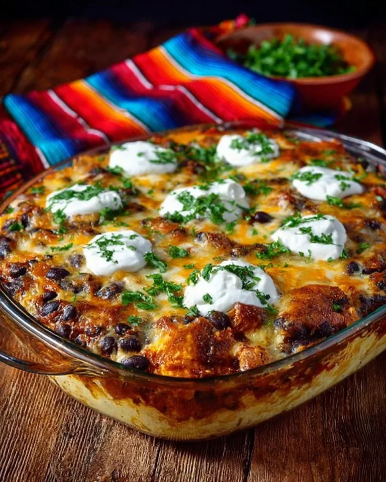Layered Chicken and Black Bean Casserole topped with cheese and cilantro