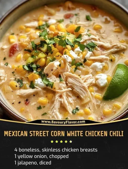 Bowl of Mexican Street Corn White Chicken Chili topped with cilantro and cheese