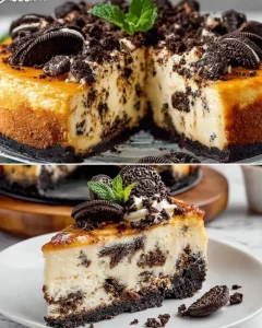 Delicious slice of Oreo Cheesecake topped with crushed Oreos