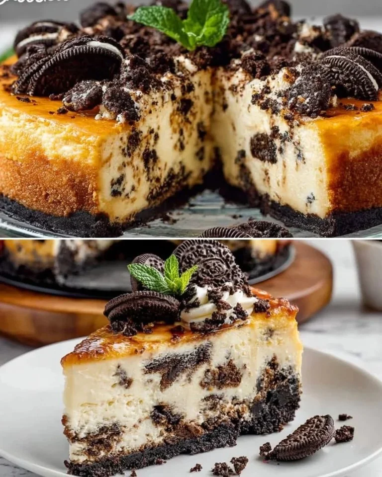 Delicious slice of Oreo Cheesecake topped with crushed Oreos