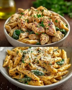 A delicious plate of pasta with chicken and Parmesan sauce, garnished with herbs.