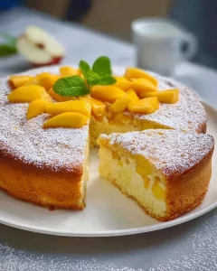 Delicious Peach Cream Cake topped with fresh peaches and whipped cream