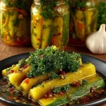 Homemade pickled zucchini in jars with spices and herbs