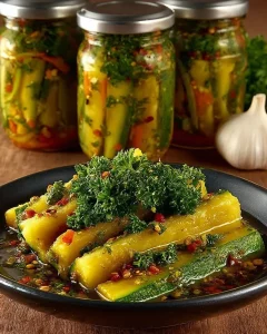 Homemade pickled zucchini in jars with spices and herbs